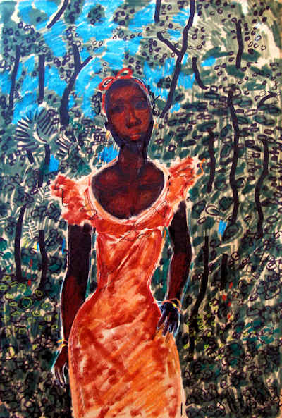 A impressionistic painting by Geoffrey Holder. A black woman in a coral dress with a vibrant blue sky and lush forest behind her